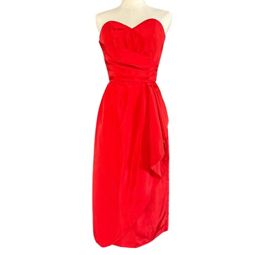 Vintage 80s Damore David Morris Strapless Red Ruched Cocktail Dress XS